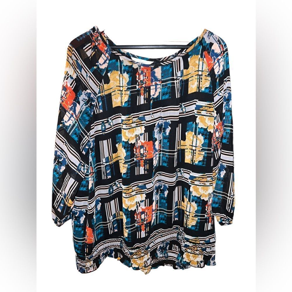 CJ Banks boatneck blouse with black, blue‎ and yellow print size 2X Grannycore